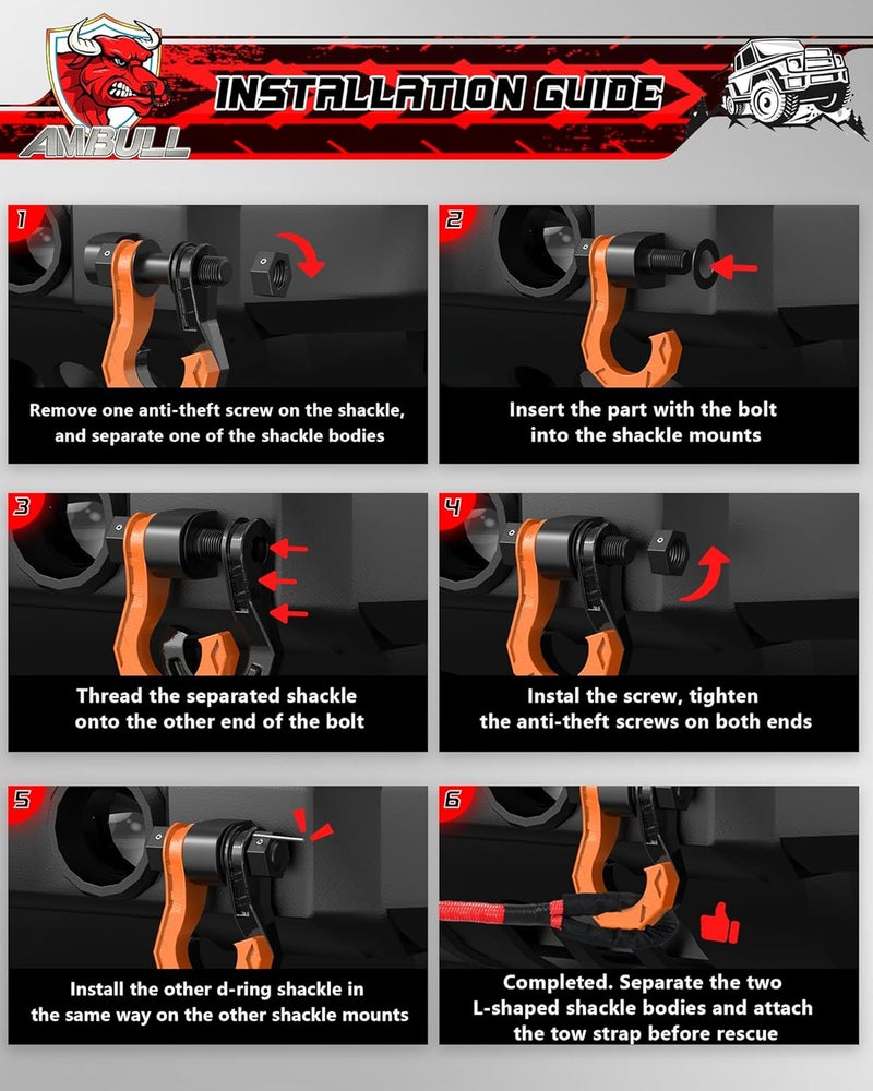 AMBULL 3/4" D Ring Separate Shackles, 52,910lbs Break Strength Easy Open Towing Winch Shackles, Heavy Duty Shackles with 7/8" Screw Pin for Tow Strap Winch Off Road Vehicle Recovery (BlackOrange) - Image 5